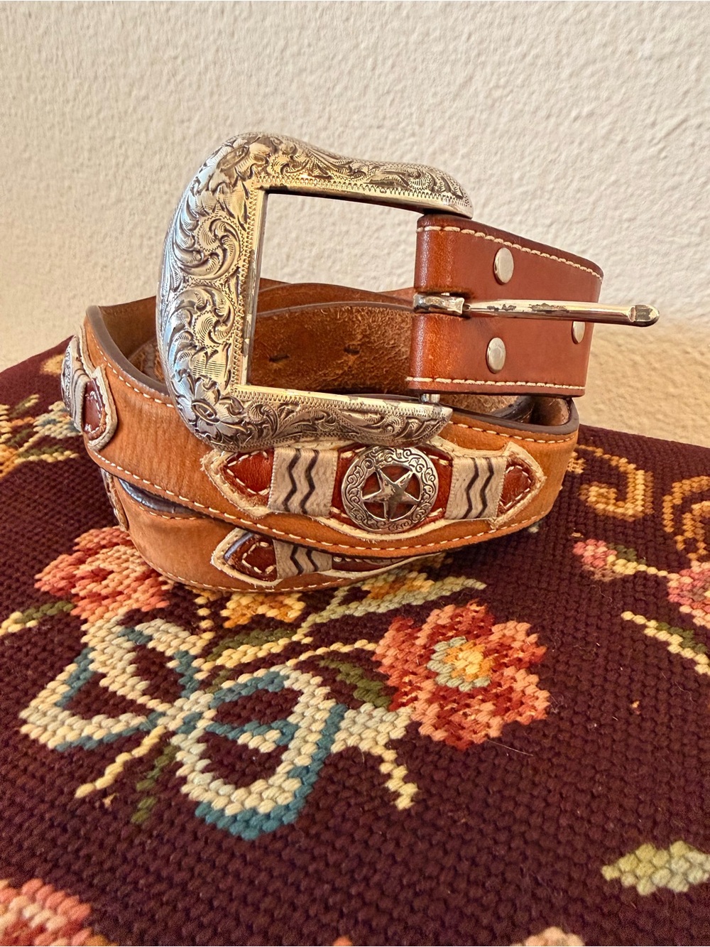 Men's Tan Leather Western Belt with Ornate Silver Buckle and Concho Accents